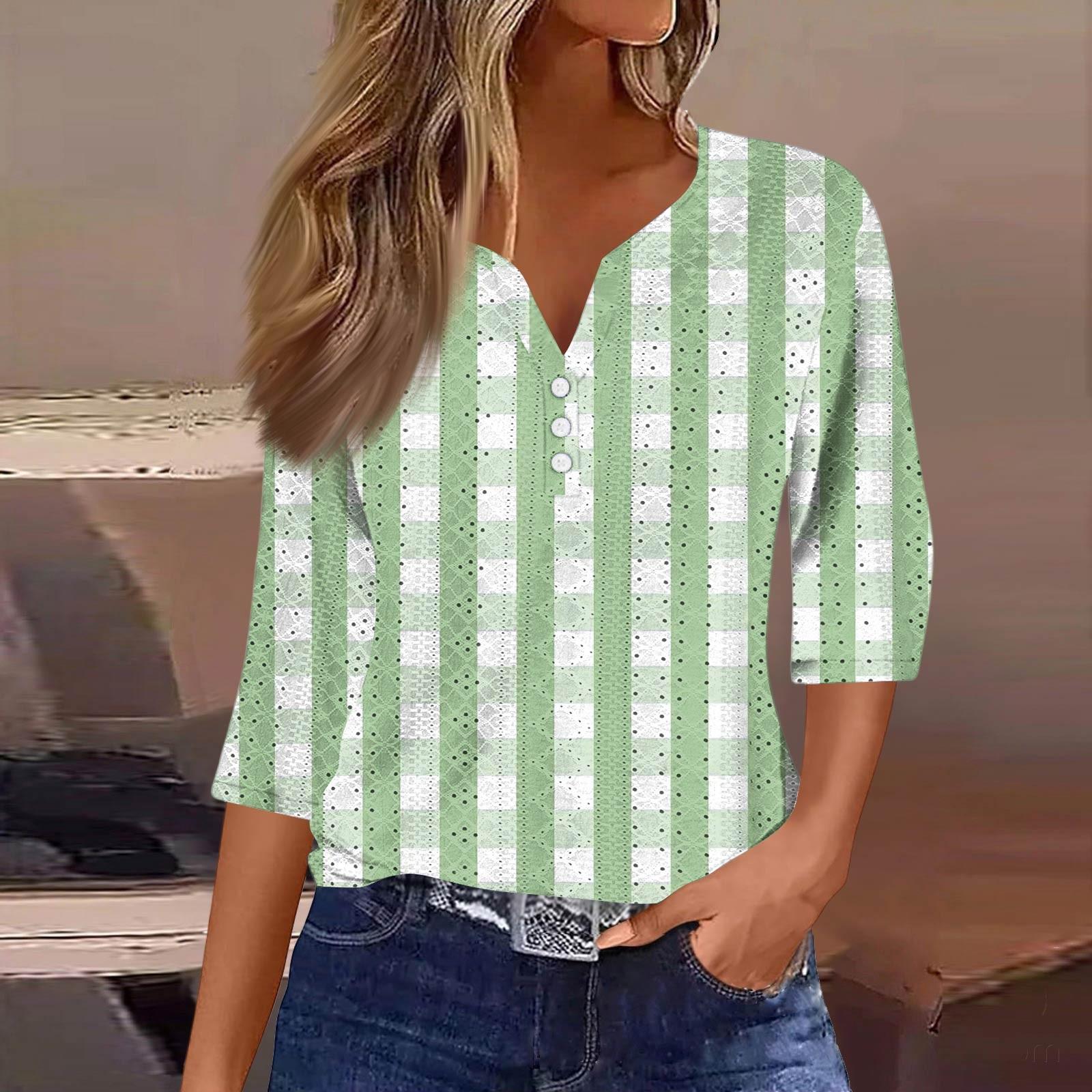 

Женская модная футболка с V-образным вырезом, пуговицами, рукавами семь, повседневная полосатая клетчатая футболка с принтом M