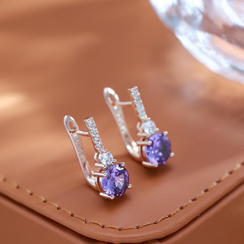 Boucles d'oreilles rondes de luxe en zircon naturel violet, style anglais, pour femmes, couleur or rose, mariage, bijoux fins quotidiens, cadeau pour fille