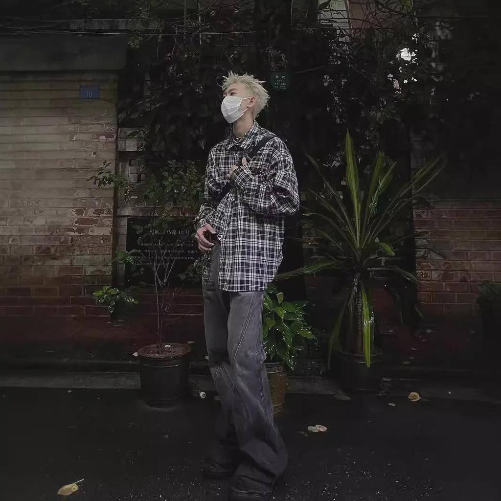 Men's Black and White Plaid Shirt - Loose, Casual, Spring/Autumn Style