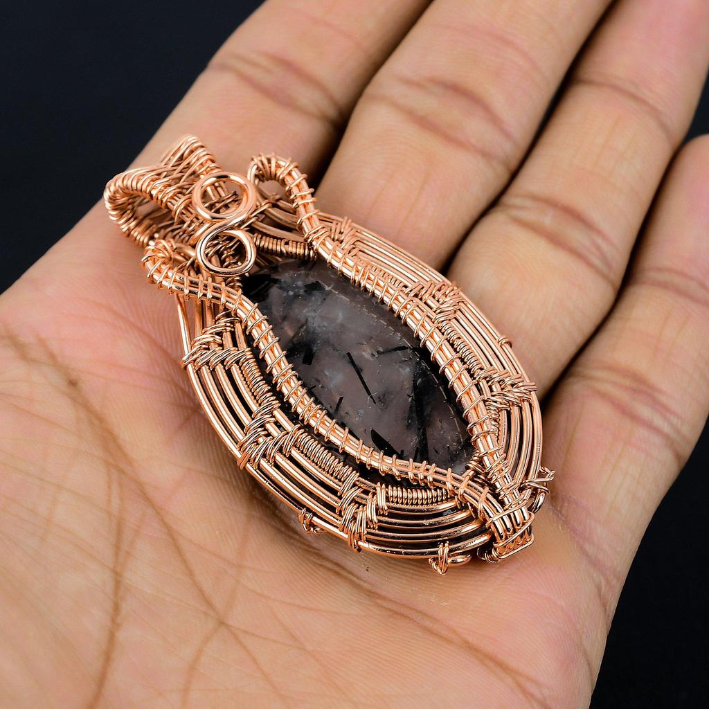 Black Rutile Gemstone Jewelry, 999 Copper Wire Wrapped Pendant, Beautiful Silver Pendant, Handmade Bohemian Jewelry For Wedding Gift