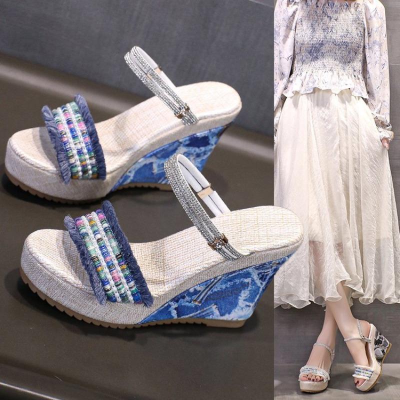 Summer Shoes Flat Platform Peep toe High Heels Sandals Elegant Ladies Party Shoes Woman Wedges Sandals White Blue Big Size 41