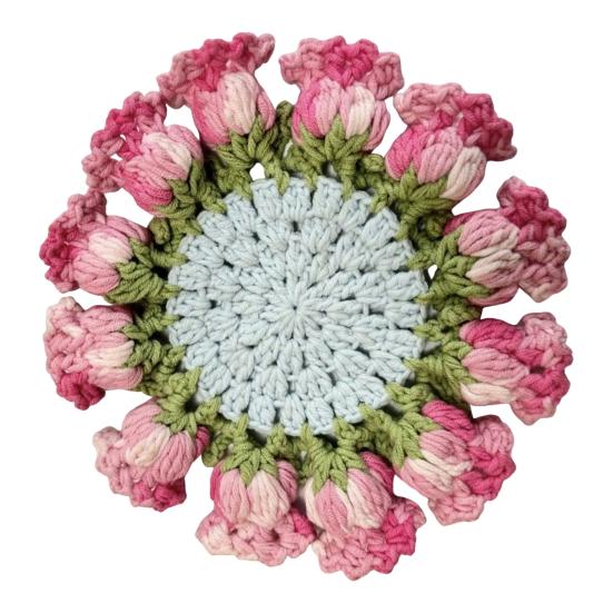 Crochet Rose Bouquet Coaster Heat-resistant DIY Handmade Knitting Flower Coffee Mug Cup Mat Kitchen Countertop Table Desk Decoration