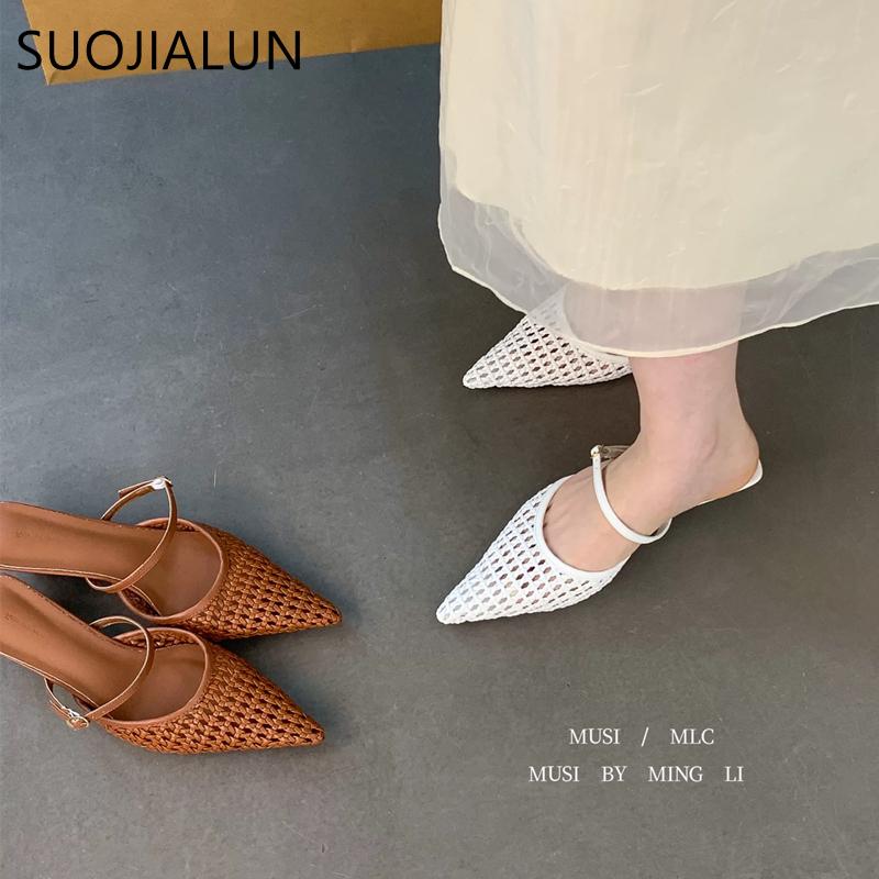 Fashion SUOJIALUN 2025 New Brand Women Slipper Fashion Weave Pointed Toe Slip On Ladies Mules Shoes Thin Low Heel Outdoor Dress Sandals
