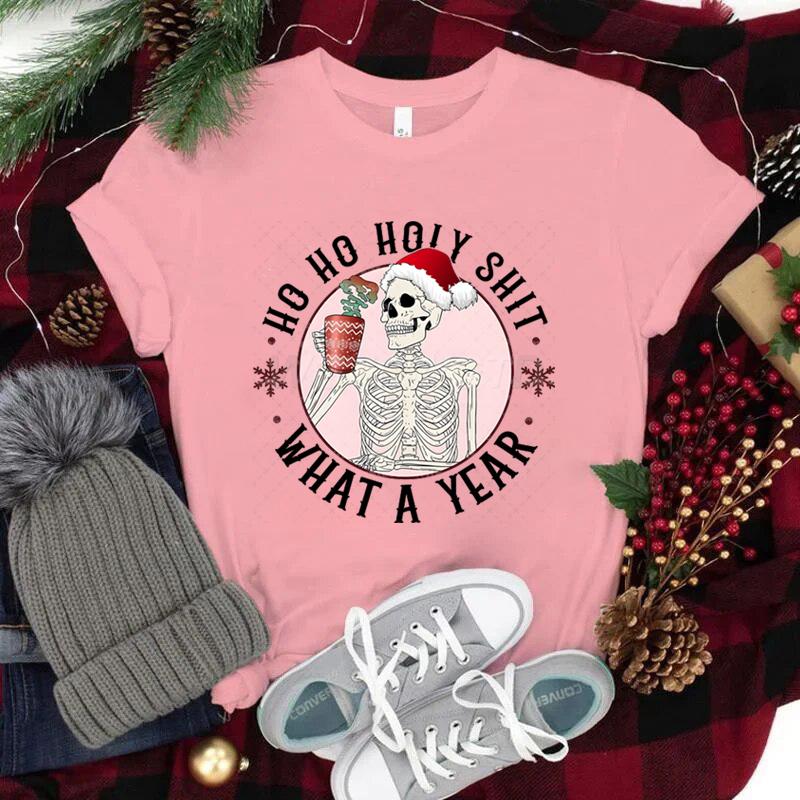 Ho Ho Ho Weihnachtsshirt mit kurzen Ärmeln für Damen Weihnachtsmannmütze Totenkopf Street Style Kleidung Damen Trendiges Neujahrsshirt