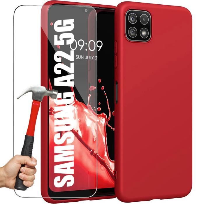 Coque Silicone - BOOLING - pour Samsung A22 5G - Rouge - Anti-choc - Souple - avec 2 Verre Trempé