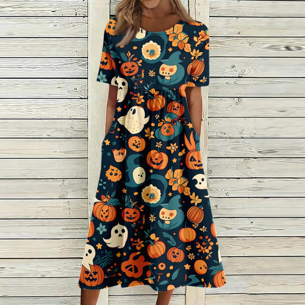 Women's Halloween Print Casual Fashion Round Neck Pocket Midi Dress Comfortable Loose Fit Short Sleeve Dress for Everyday Wear