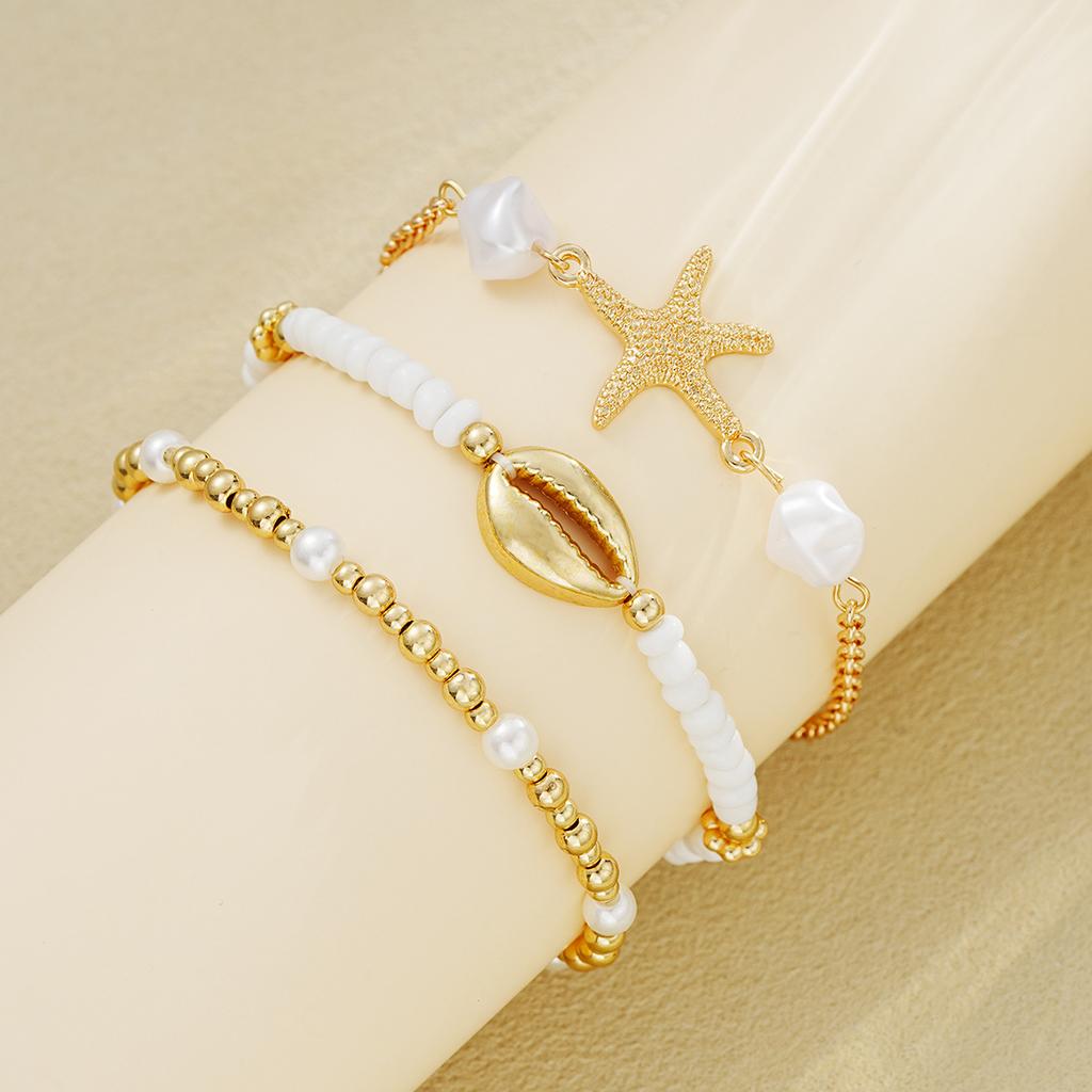 Fashion Bohemian Starfish Shell Design Anklet Set for Women Summer Ocean Element Multi-Layer Faux Pearl Anklets Beach Jewelry