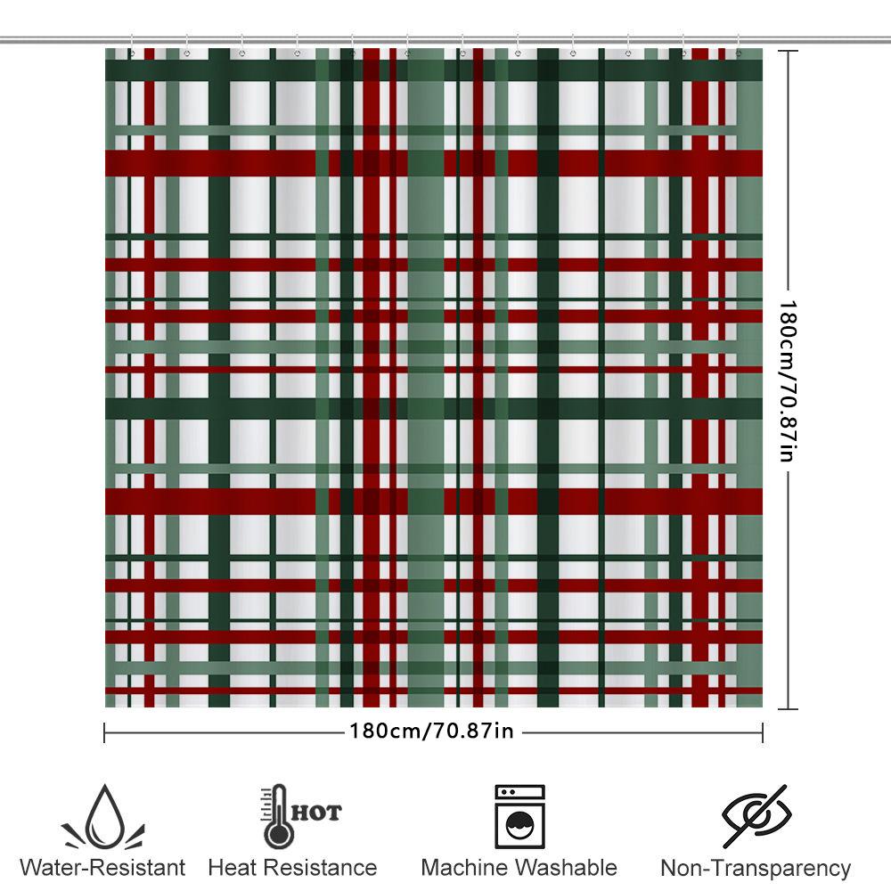 Green Red Striped Shower Curtain For Bathroom Decor Plaid Bath Mat Set With Hook Rings (180 X 180Cm)