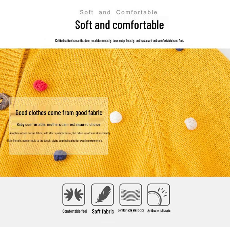 Hand-Crocheted Spring & Autumn Colorful Pom-Pom Girl's Cotton Cardigan