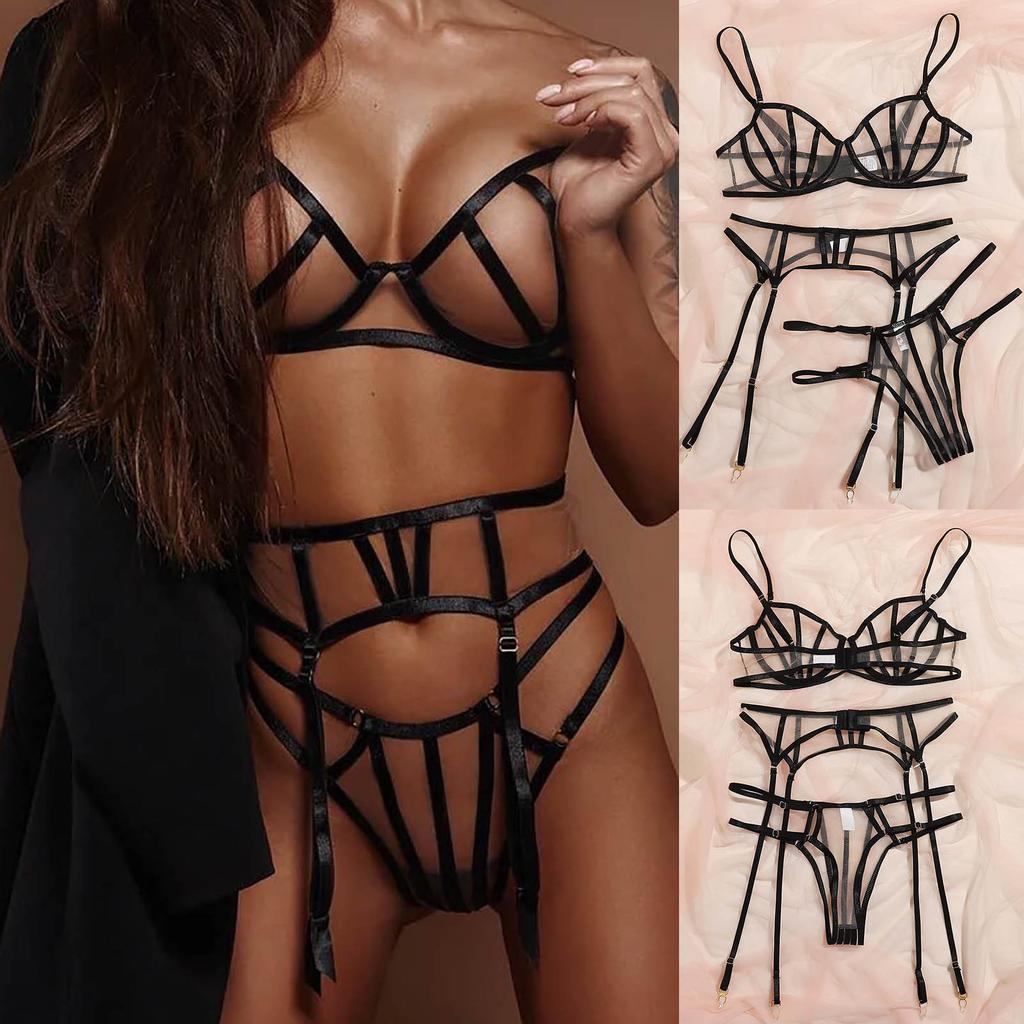 Mesh Lace Underwire Bra and Garter Belt Set with Adjustable Straps and Sheer Design Two Piece Lingerie Set