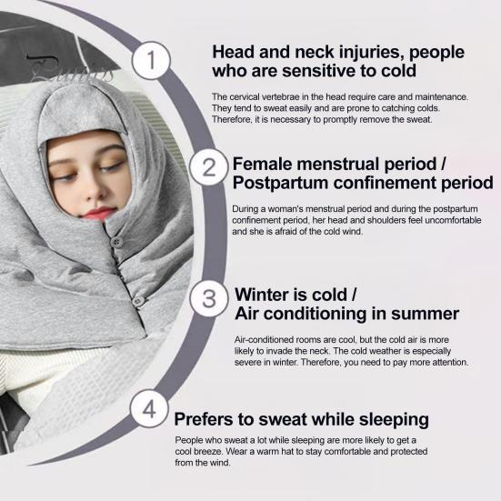 Windproof Winter Gear Cotton Sleep Hood Cap, Warm Head Neck And Shoulder Sleeping Cozy Wrap Adjustable Snap Buttons Soft Breathable Thermal