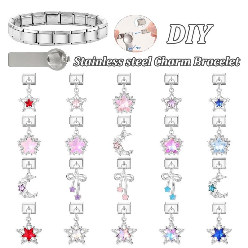 Women Fashion Zircon Star Butterfly Golden Heart Tassel Chain Italian Charms Fit 9mm Stainless Steel Bracelet DIY Jewelry Gift