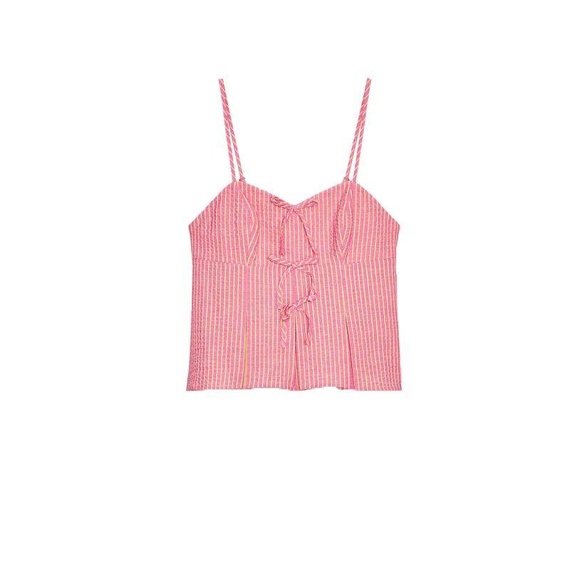 Bowknot Decoration Stripes V-neck Strap Tops 3564108 High Waist Wide Leg Casual Trousers 3564109