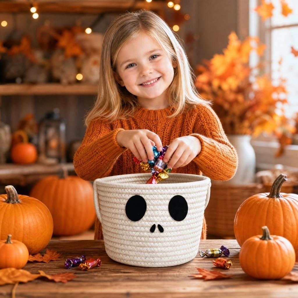 Kinder Halloween Baumwollseil Aufbewahrungskorb Kürbis Handgewebt für Snacks Süßigkeiten und Dekoration