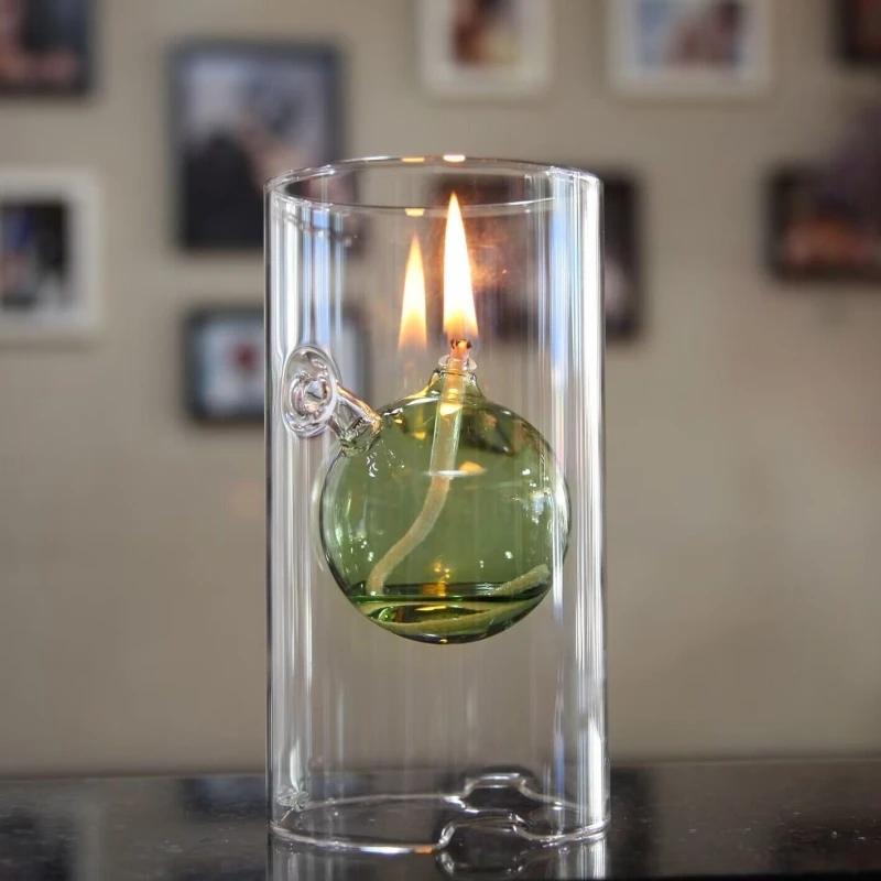 Cylindrical Oil Lamp Transparent Glass Candlestick Interior Glass Oil Lamp Household Decoration Creative Vintage Candle Holder