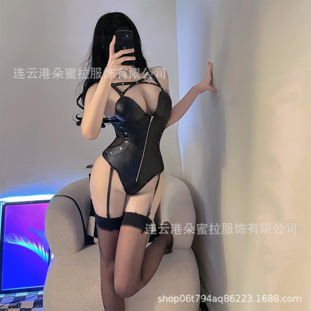 Sex Underwear Cos Backless Dark Retro Wind Velvet Patent Leather Side Split Cheongsam Dress Character Uniform Woman