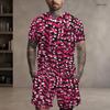 Men Plus Size Blue White Printed Round Neck Short Sleeve Top And Shorts With Pockets Two Piece Set