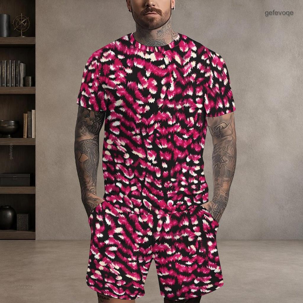 Men Plus Size Blue White Printed Round Neck Short Sleeve Top And Shorts With Pockets Two Piece Set