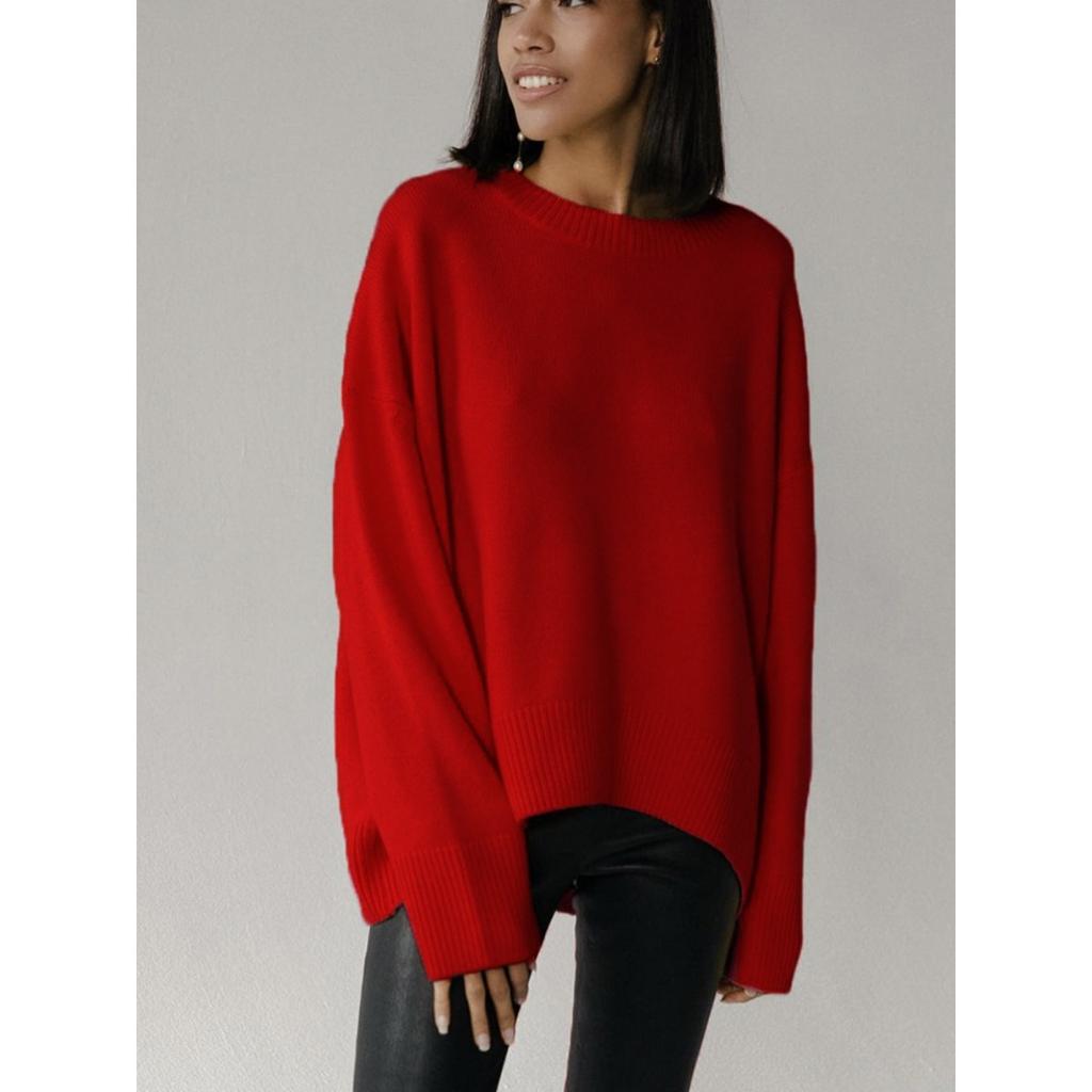 Einfarbiger Rundhals-Pullover für Damen | Weiches Strickoberteil | Lässige lockere Passform