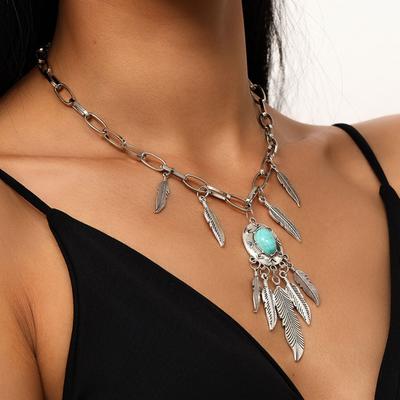 2er-Pack Cowboy-Stil Federanhänger-Choker mit Türkis-Akzent Antik-Look Schlüsselbein-Kette für Bohème-Looks