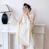 Sexy pajamas with chest pads, women's spring and autumn ice silk long-sleeved suspender nightgown set, pure lace hollowed-out loungewear