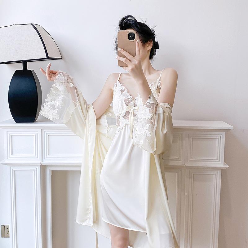 Sexy pajamas with chest pads, women's spring and autumn ice silk long-sleeved suspender nightgown set, pure lace hollowed-out loungewear