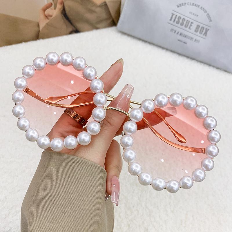 Pearl Round Framed Sunglasses Ins Stylish Wavy Leg Gradient Sunglasses UV400