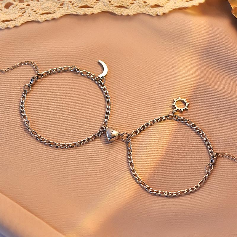 Creative Vintage Magnetic Sun Moon Heart Pendant Couple Friendship Bracelet