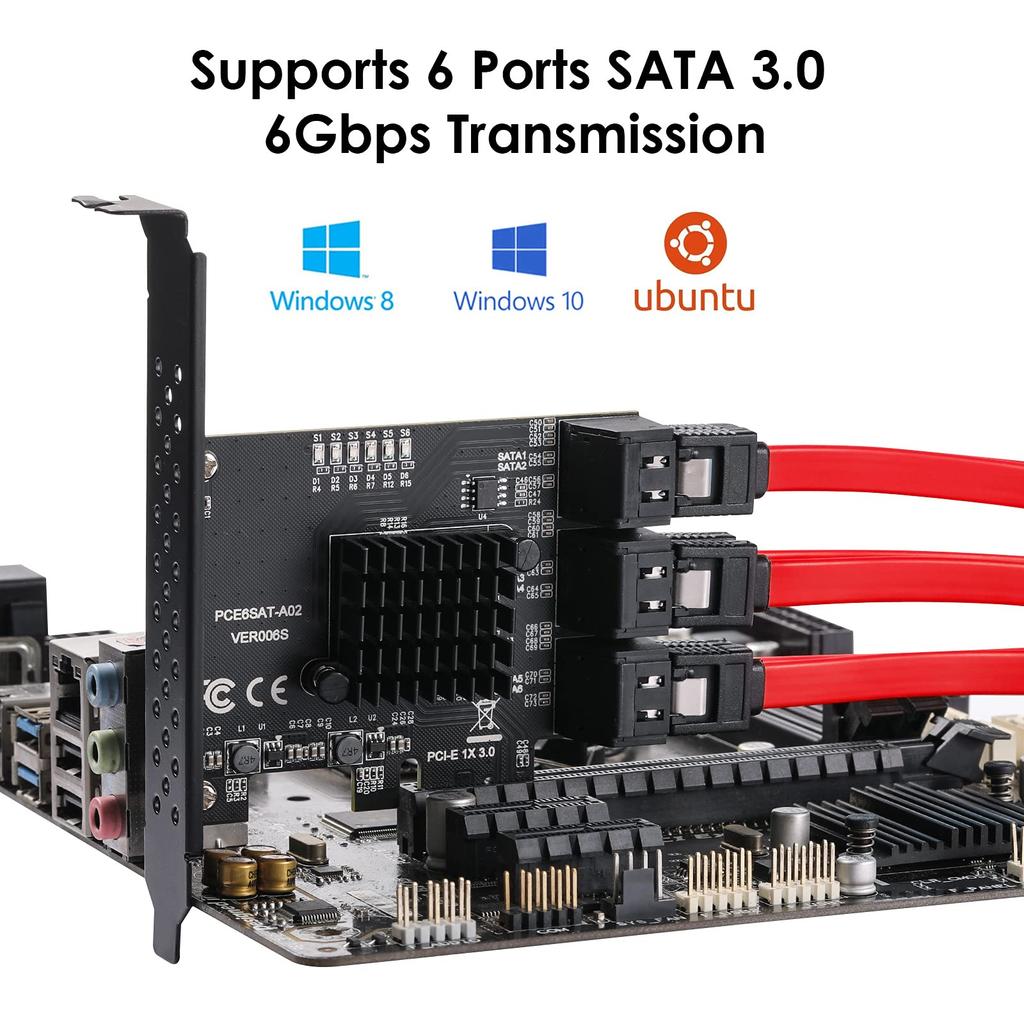 MZHOU PCI Express Expansion Board 6 Port SATA Card 6Gbps SATA with Heatsink and SATA Cable Expansion Card PCI Express x1 X4 X8 X16 for Windows Mac