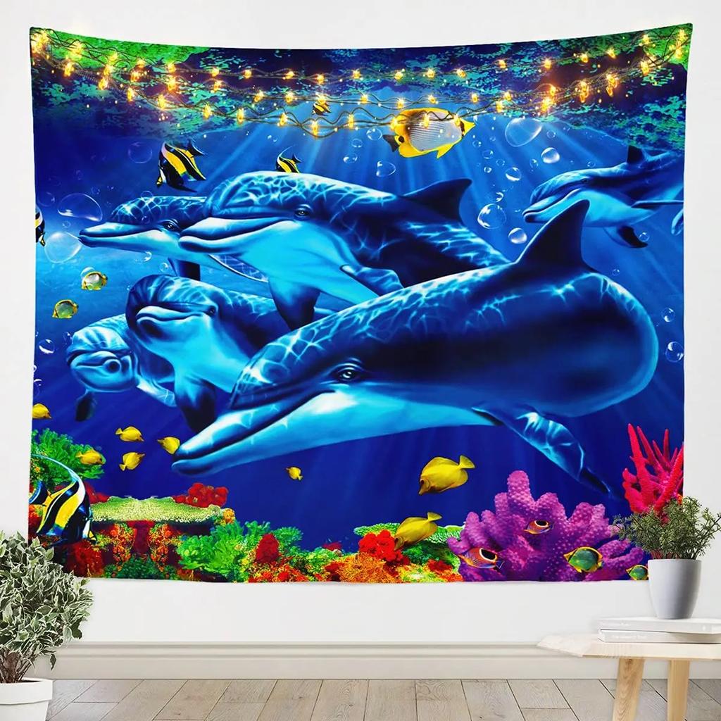 Unterwasser-Oase Wandteppich Delfin Unter dem Meer Korallenfische Anemonen Tiefsee Fantasy Blasen Wandbehänge Dekor Zimmer Wandteppiche