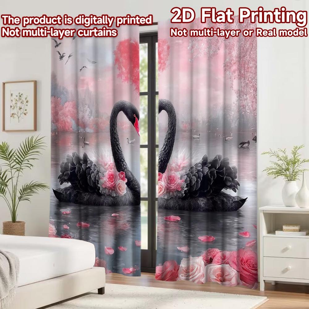 2D flat printing 2pcs Curtain Drapes Valentine's Black Swan Love Digital Printed Polyester Drapes Party Decorations for Indoor