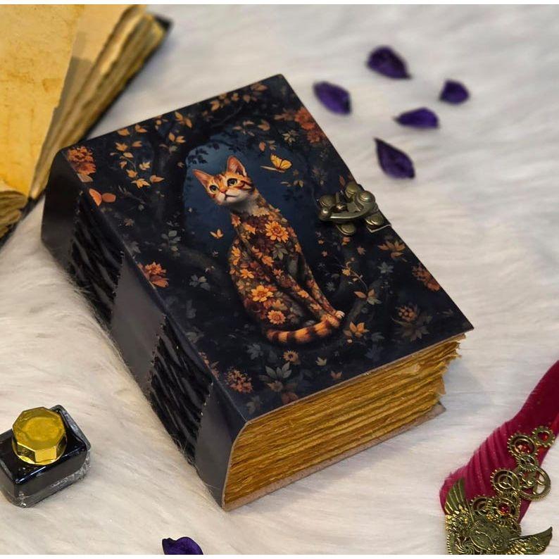 Handmade Vintage Cat Journal – Leather Notebook with Floral Cat Art & Aged Deckle Edge Pages – Witchy Grimoire Journal - Book of Shadows