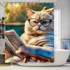 Cat Bath Curtain Reading Book Glasses Bathroom Decor Shower Curtain Home Decoration