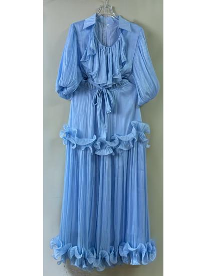 Pure Color Pleated V-Neck Dress with Ruffled Puff Sleeves XL синий