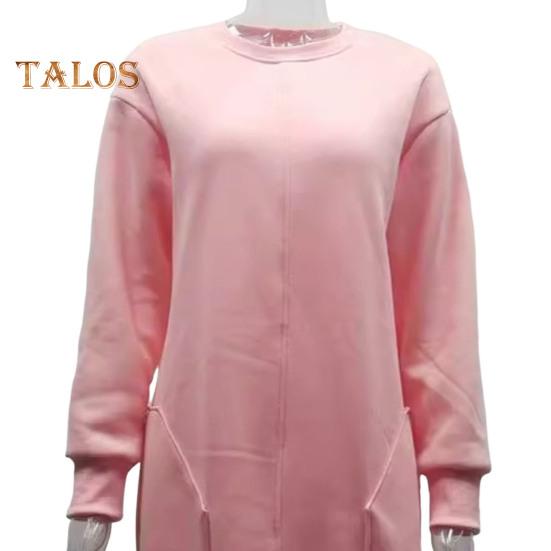 Damen-Sweatshirtkleid mit zwei Taschen, Rundhalsausschnitt, langen Ärmeln, einfarbig, lockeres Minikleid, Pullover, für den Alltag, lässiges kurzes Kleid