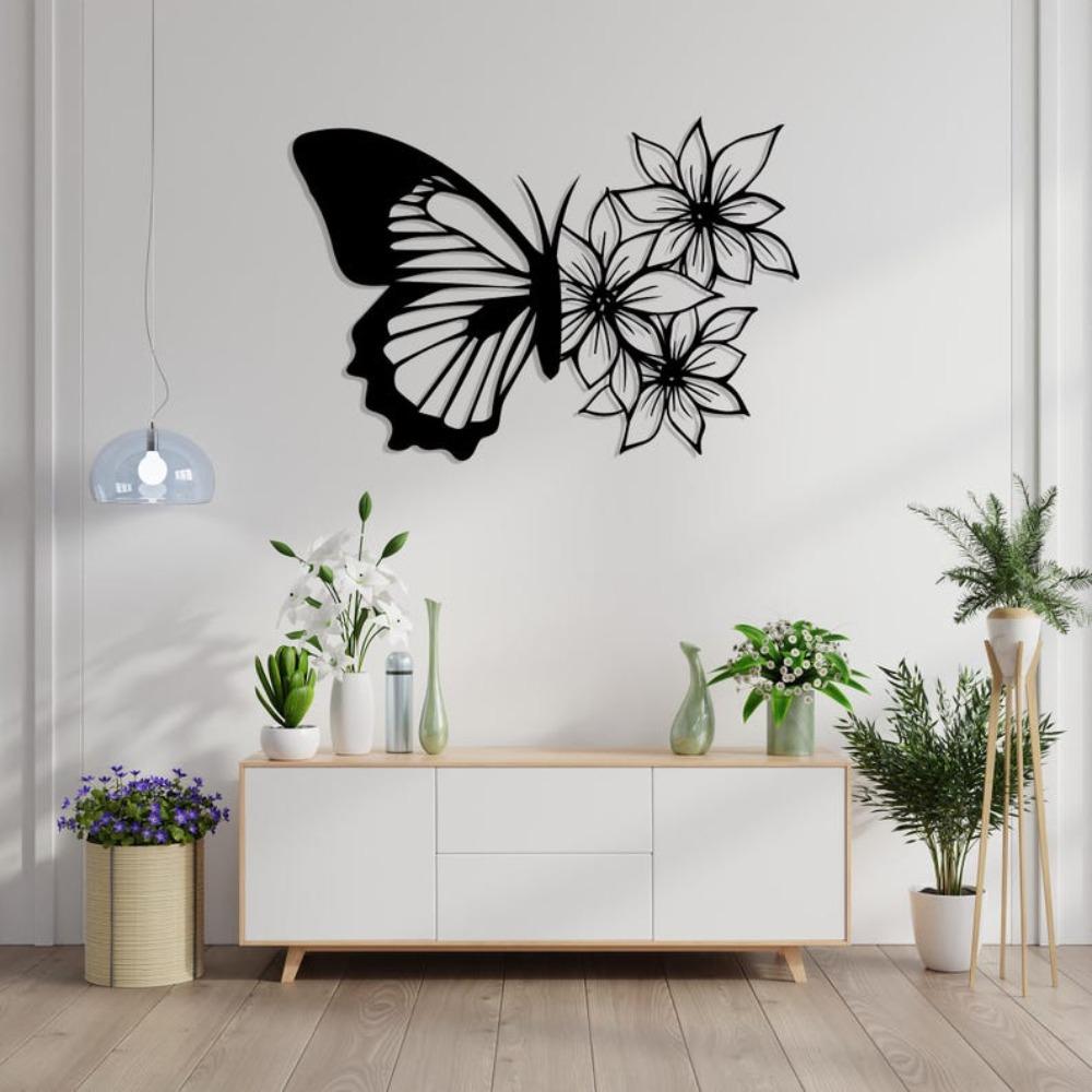 Black Metal Butterfly Flower Wall Art, Textured Steel Decor