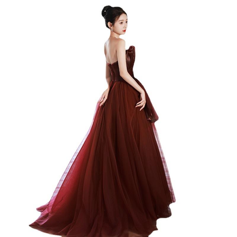 Bridal toast 1011 new women's summer tube top burgundy waist thin long wedding banquet engagement evening dress