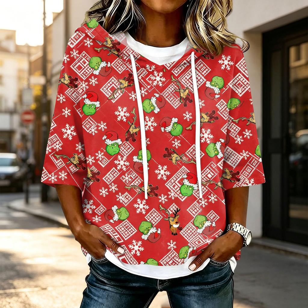 Women's Casual 3/4 Sleeve Christmas Print Hooded T-Shirt Top