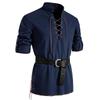 Heren shirt met mandarijnkraag, vetersluiting, op te rollen mouwen en kleurrijke zoom - Boho Vakantie Top