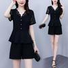 Women's Plus Size 2-piece Lace Trimmed V-neck Top And Shorts Slim Fit Summer Set Pure Black