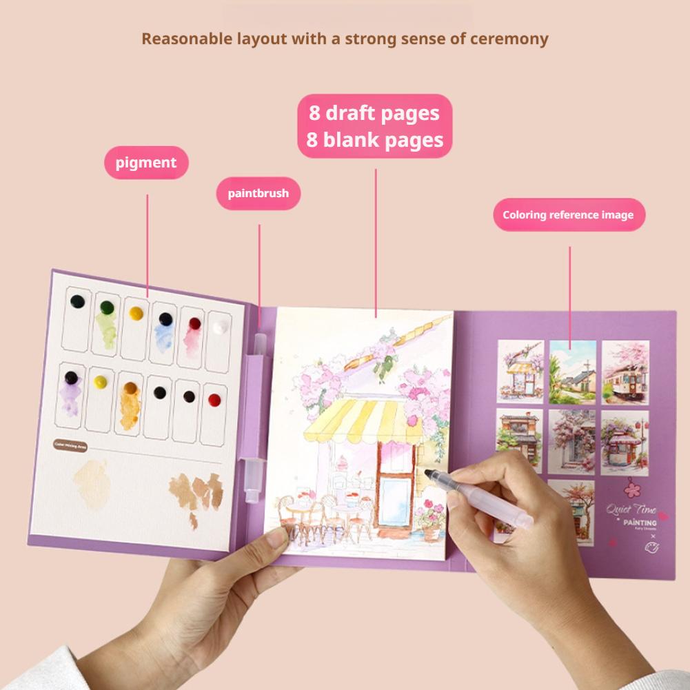 Travel Watercolor Painting Set with Tri-Fold Book, Built-in 12 Colors & Stress Relief Note Paper for DIY Art Folding Book