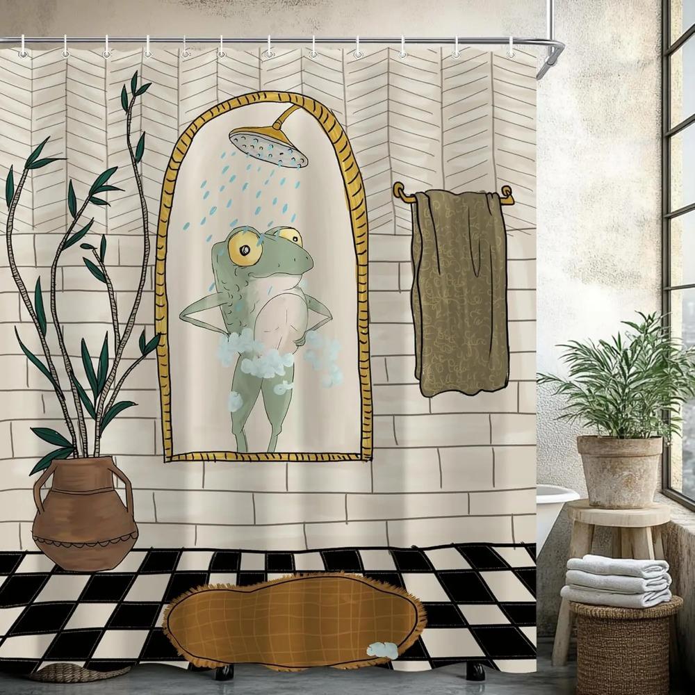 Lustiger Retro-Frosch-Druck Duschvorhang Niedliches Vintage-Tierpflanze Für Badezimmerdekoration