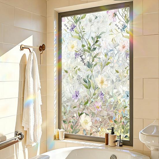 Buntglas Fensterfolie Regenbogen Floral Fenster Sichtschutzfolie Dekorativ Sonnenschutz Statisch Haftende Glasfolie für Haus Tür Fenster