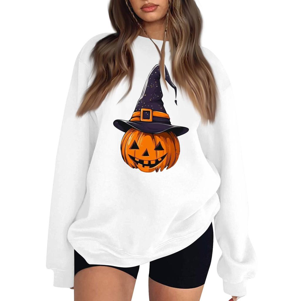 Women's Neck Long Sleeve Loose Fit Casual Sweatshirt Pullover Top with Halloween Print