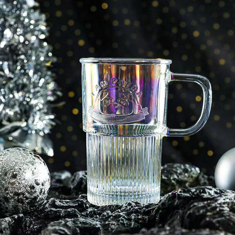 Glaswasserbecher mit Panda-Prägung und Henkel, Saftbecher, Haushaltskaffee- und Milchteebecher mit Deckel und Strohhalmbecher