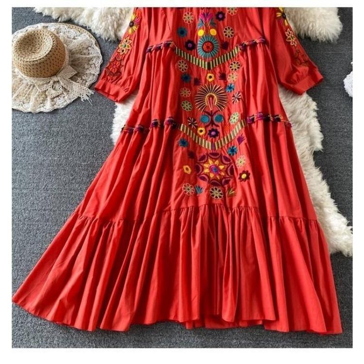 Vintage Printed Loose Dress for Woman V Neck Oversized Long Sleeve Casual Lace Dresses Long