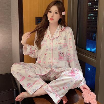 Mode Printemps Automne Doux Dessin Animé Imprimé Ensemble Pyjama Doux pour Femmes Boutons Cardigan Ensemble Tenue 2 Pièces pour Femmes Pyjama Élégant pour Jeunes Filles
