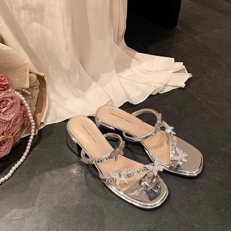 Su Yinyin's same butterfly drag~ Square head butterfly rhinestone buckle cover toe thick high-heeled slippers women's sandals outside