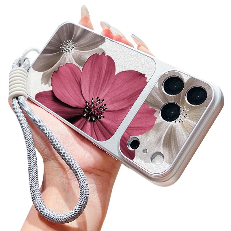 Floral Pattern Leather Lanyard Case For iPhone 18 Pro Max 17 16 15 14 13 Pro Max Luxury Hybrid TPU+PU Anti-skid Soft Phone Cover