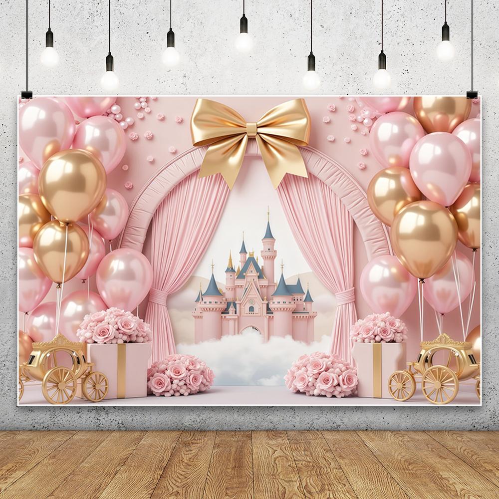 Dreamy Castle Photography Background Pink Balloon Curtain Flower Carriage Girl Birthday Bride Wedding Party Decor Photo Backdrop